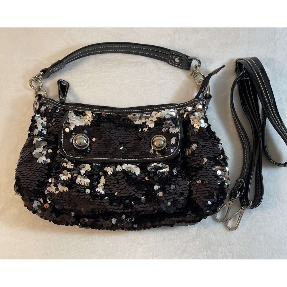 VTG 1990s Y2K Black Silver Sequin Cocktail Party Purse Handbag w/ Cell Pocket